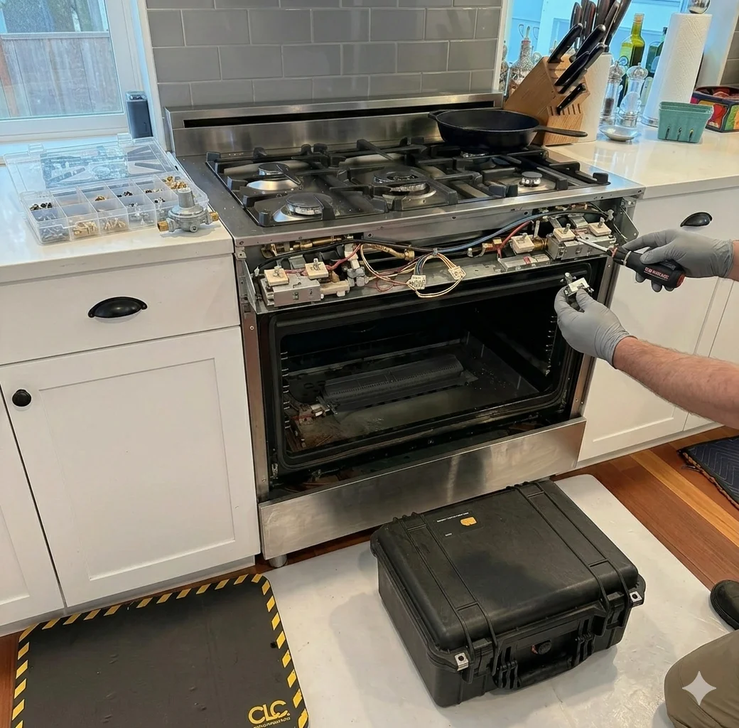 Technician inspecting an oven's interior electrical components