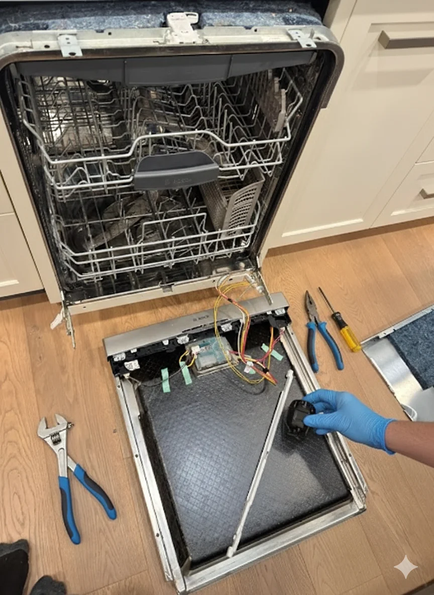 Technical dishwasher components like pump and heating element