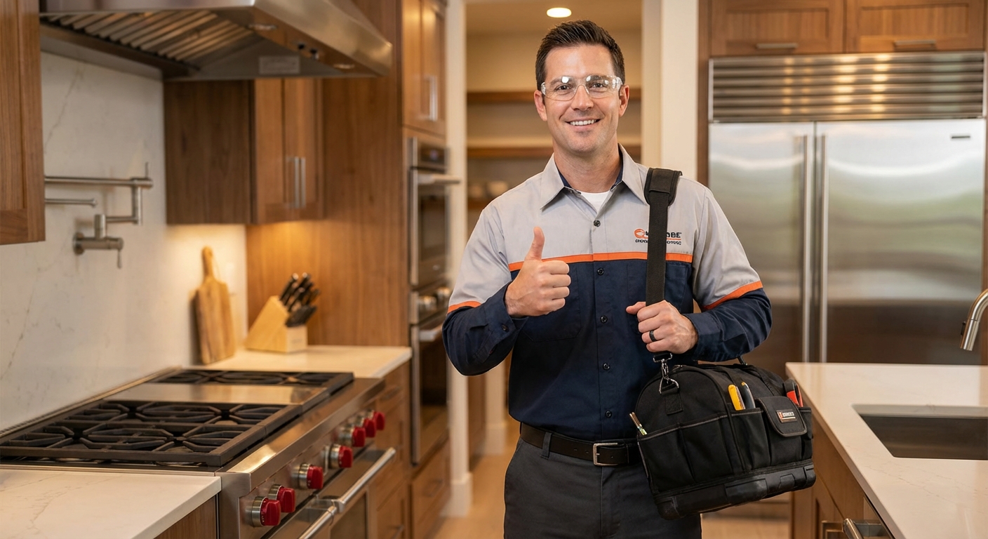 Appliance repair technician giving thumbs up with tool bag